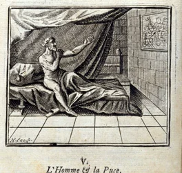The Man and the Flea.Fables av Jean de La Fontaine (1621-95). Illustration av Francois Chauveau (1613-1676). Upplaga av 1728.
