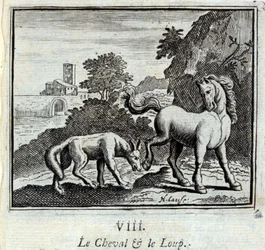 Hästen och vargen. Fabler av Jean de La Fontaine (1621-95). Illustration av François Chauveau (1613-1676). Upplaga av 1728.