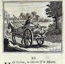 The Pig the Goat and the Mut.Fables av Jean de La Fontaine (1621-95). Illustration av Francois Chauveau (1613-1676). Upplaga av 1728.