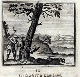 Mössen och Huantkattens fabler av Jean de La Fontaine (1621-95). Illustration av Francois Chauveau (1613-1676). Upplaga av 1728.
