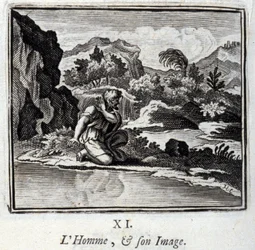 Människan och hennes bild. Fabler av Jean de La Fontaine (1621-95). Illustration av Francois Chauveau (1613-1676). Upplaga av 1728.