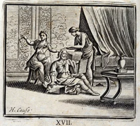 Man mellan två åldrar och hans två älskarinnor. Fabler av Jean de La Fontaine (1621-95). Illustration av Francois Chauveau (1613-1676). Upplaga av 1728.