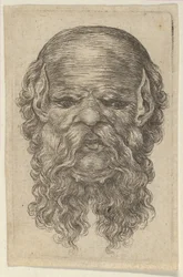 Mask av en skallig man med spetsiga öron och ett långt, delat skägg, från Divers Masques, ca. 1635-45.