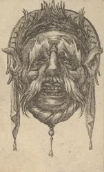 Mask med långa ögonbryn och mustasch och en huvudbonad med dinglande tyg, från Dive..., ca. 1635-45.