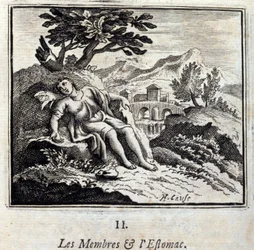 Medlemmar och Mage. Fabler av Jean de La Fontaine (1621-95). Illustration av François Chauveau (1613-1676). Upplaga av 1728.