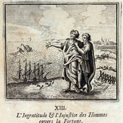 Mäns otacksamhet och orättvisa mot Fortune. Fabler av Jean de La Fontaine (1621-95). Illustration av François Chauveau (1613-1676). Upplaga av 1728.