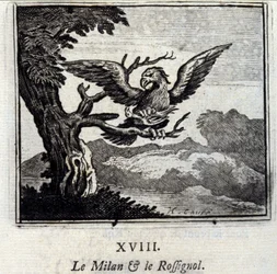 Milano och näktergalen. Fabler av Jean de La Fontaine (1621-95). Illustration av Francois Chauveau (1613-1676). Upplaga av 1728.