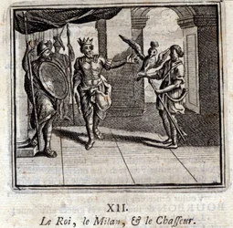 Milan kungen och jägaren. Fabler av Jean de La Fontaine (1621-95). Illustration av François Chauveau (1613-1676). Upplaga från 1728.