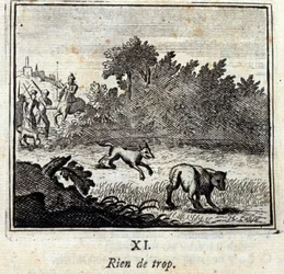 Inget för mycket. Fabler av Jean de La Fontaine (1621-95). Illustration av Francois Chauveau (1613-1676). Upplaga av 1728.