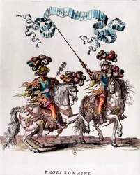 Romerska sidor under karusellen ges av kung Ludvig XIV (1639-1715) Gravyr av Francois Chauveau (1613-1676) ca. 1662 Privat samling