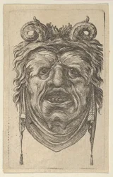 Satyrmask med böjda horn, bladiga ögonbryn och en duk som hänger under hakan, ca. 1635-45.