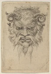 Satyrmask med krökta horn som tittar ner, från Divers Masques, ca. 1635-45.