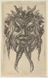 Satyrmask med horn och vridet skägg iklädd murgrönakrans, från Divers Masque..., ca. 1635-45.