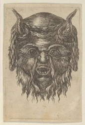 Satyrmask med en lagerkrans draperad över hornen, från Divers Masques, ca. 1635-45.