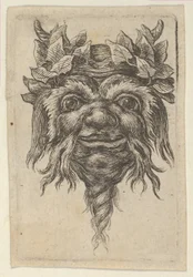 Satyrmask med ett spiralformat skägg och murgröna grupperade runt varje horn, från Divers..., ca. 1635-45.
