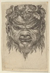 Satyrmask med en indragen nos och en krans av eklöv, från Divers Masques, ca. 1635-45.