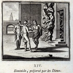Simonides bevaras av gudarna. Fabler av Jean de La Fontaine (1621-95). Illustration av Francois Chauveau (1613-1676). Upplaga av 1728.