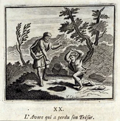Avaren som förlorade sin tresor.Fabler av Jean de La Fontaine (1621-95). Illustration av François Chauveau (1613-1676). Upplaga av 1728.