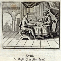 Bassa och köpman. Fabler av Jean de La Fontaine (1621-95). Illustration av François Chauveau (1613-1676). Upplaga från 1728.