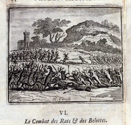 Slaget om råttor och vässlor. Fabler av Jean de La Fontaine (1621-95). Illustration av François Chauveau (1613-1676). Upplaga av 1728.