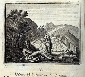 Björnen och trädgårdsamatören. Fabler av Jean de La Fontaine (1621-95). Illustration av François Chauveau (1613-1676). Upplaga av 1728.