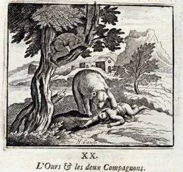 Björnen och de två följeslagarna. Fabler av Jean de La Fontaine (1621-95). Illustration av François Chauveau (1613-1676). Upplaga av 1728.