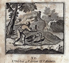 Fågelfågeln runt och Alouetten. Fabler av Jean de La Fontaine (1621-95). Illustration av François Chauveau (1613-1676). Upplaga av 1728.