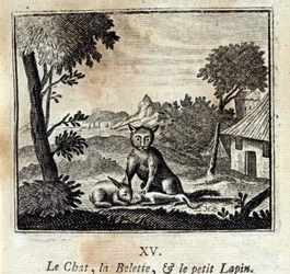 Katten, väslan och den lilla kaninen. Fabler av Jean de La Fontaine (1621-95). Illustration av François Chauveau (1613-1676). Upplaga av 1728.