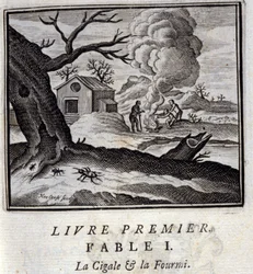 Cikadan och myran. Fabler av Jean de La Fontaine (1621-95). Illustration av François Chauveau (1613-1676). Utgåva från 1728.