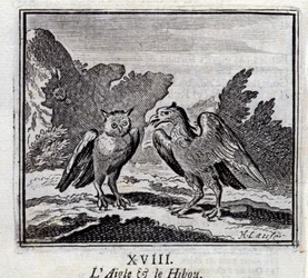 Örnen och ugglan. Fabler av Jean de La Fontaine (1621-95). Illustration av François Chauveau (1613-1676). Upplaga av 1728.