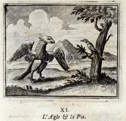 Örnen och Pius. Fabler av Jean de La Fontaine (1621-95). Illustration av François Chauveau (1613-1676). Upplaga från 1728.