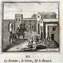 Bonden, hunden och räven. Fabler av Jean de La Fontaine (1621-95). Illustration av François Chauveau (1613-1676). Upplaga av 1728.