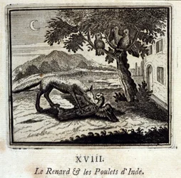 Le Fox ma moa a Initia. Fagogo saunia e Jean de La Fontaine (1621-95). Ata na tusia e François Chauveau (1613-1676). Lomiga o le 1728.swed