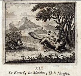 Räven, flugorna och Herisson. Fabler av Jean de La Fontaine (1621-95). Illustration av François Chauveau (1613-1676). Upplaga av 1728.