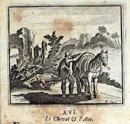 Hästen och åsnan. Fabler av Jean de La Fontaine (1621-95). Illustration av François Chauveau (1613-1676). Upplaga av 1728.