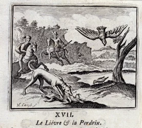 The Lievre and the Pardrix.Fables av Jean de La Fontaine (1621-95). Illustration av François Chauveau (1613-1676). Upplaga av 1728.