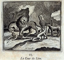 Lejonrätten. Fabler av Jean de La Fontaine (1621-95). Illustration av François Chauveau (1613-1676). Upplaga från 1728.
