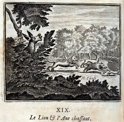 Lejonet och åsnan jagar. Fabler av Jean de La Fontaine (1621-95). Illustration av François Chauveau (1613-1676). Upplaga av 1728.