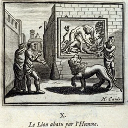 Lejonet nedskjutet av Man. Fabler av Jean de La Fontaine (1621-95). Illustration av François Chauveau (1613-1676). Upplaga av 1728.