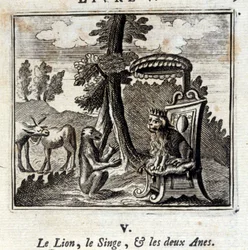 The Lion the Monkey and the Two Anes.Fables av Jean de La Fontaine (1621-95). Illustration av François Chauveau (1613-1676). Upplaga av 1728.