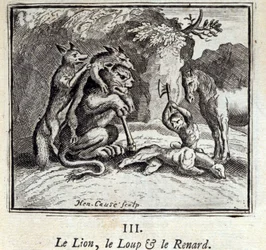 Lejonet, vargen och räven. Fabler av Jean de La Fontaine (1621-95). Illustration av François Chauveau (1613-1676). Upplaga av 1728.