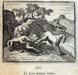 Lejonet blev gammalt. Fabler av Jean de La Fontaine (1621-95). Illustration av Francois Chauveau (1613-1676). Upplaga av 1728.