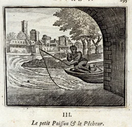 Den lilla fisken och fiskaren. Fabler av Jean de La Fontaine (1621-95). Illustration av François Chauveau (1613-1676). Upplaga av 1728.