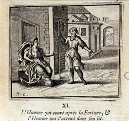 Mannen som springer efter Fortune och Mannen som väntar på honom i sängen. Fabler av Jean de La Fontaine (1621-95). Illustration av François Chauveau (1613-1676). Upplaga av 1728.
