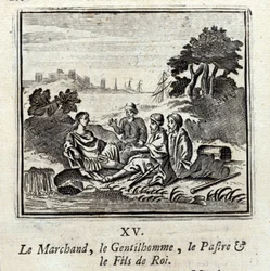 Köpmannen, Gentilmannen, Patran och Konungens Son. Fabler av Jean de La Fontaine (1621-95). Illustration av François Chauveau (1613-1676). Upplaga av 1728.