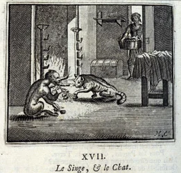 Apan och katten. Fabler av Jean de La Fontaine (1621-95). Illustration av Francois Chauveau (1613-1676). Upplaga av 1728.