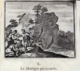 Berget föder. Fabler av Jean de La Fontaine (1621-95). Illustration av Francois Chauveau (1613-1676). Upplaga av 1728.