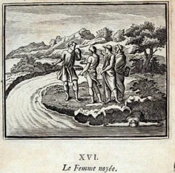 Noyee-kvinnan. Fabler av Jean de La Fontaine (1621-95). Illustration av François Chauveau (1613-1676). Upplaga av 1728.