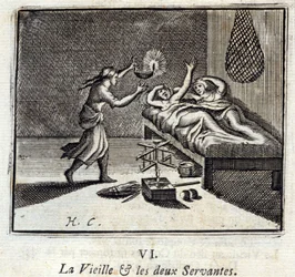 Den gamla damen och de två tjänarna. Fabler av Jean de La Fontaine (1621-95). Illustration av François Chauveau (1613-1676). Upplaga från 1728.