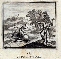 Gubben och åsnan. Fabler av Jean de La Fontaine (1621-95). Illustration av François Chauveau (1613-1676). Upplaga av 1728.